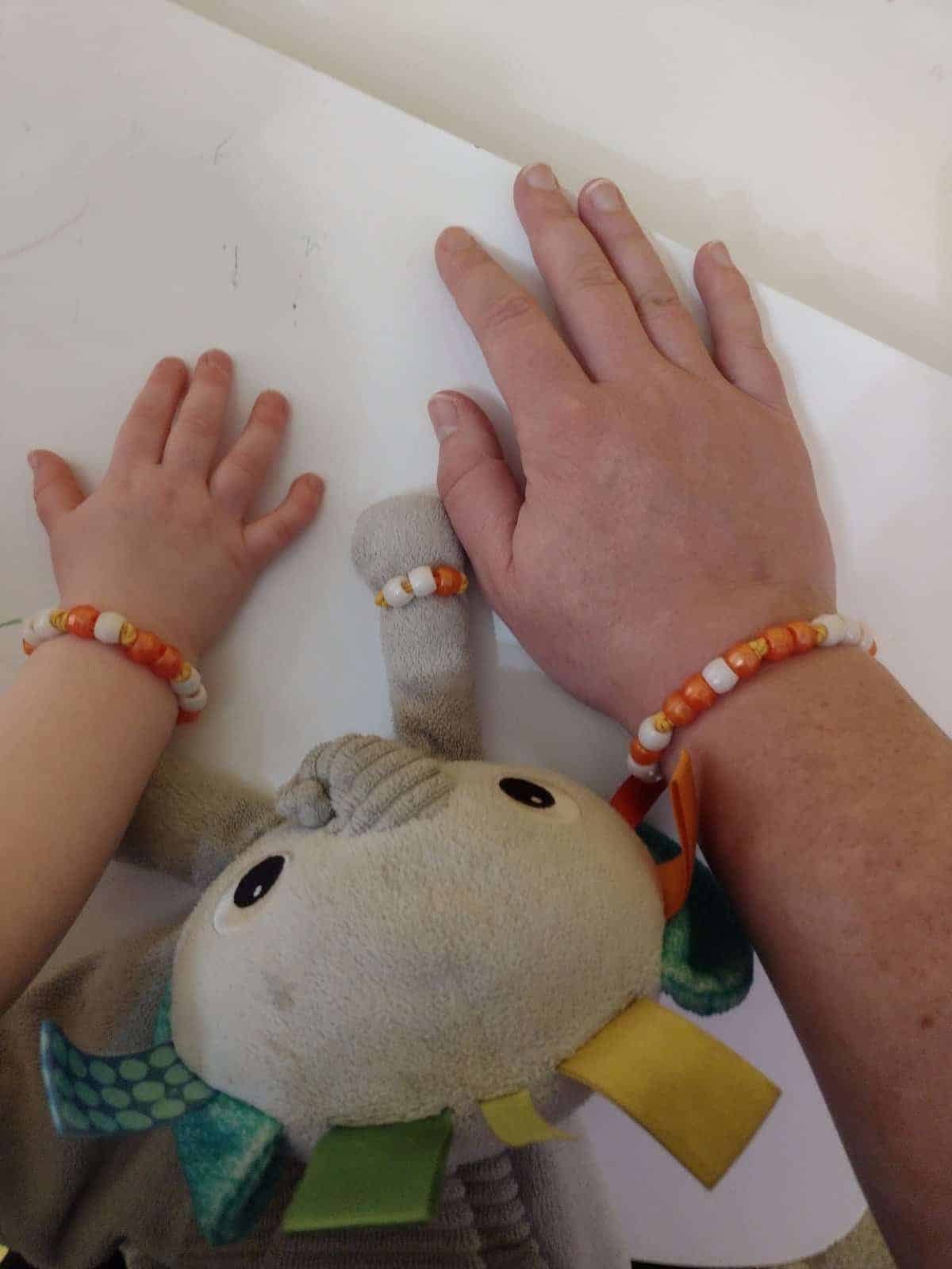 Picture of three thankfulness Morse code bracelets being worn