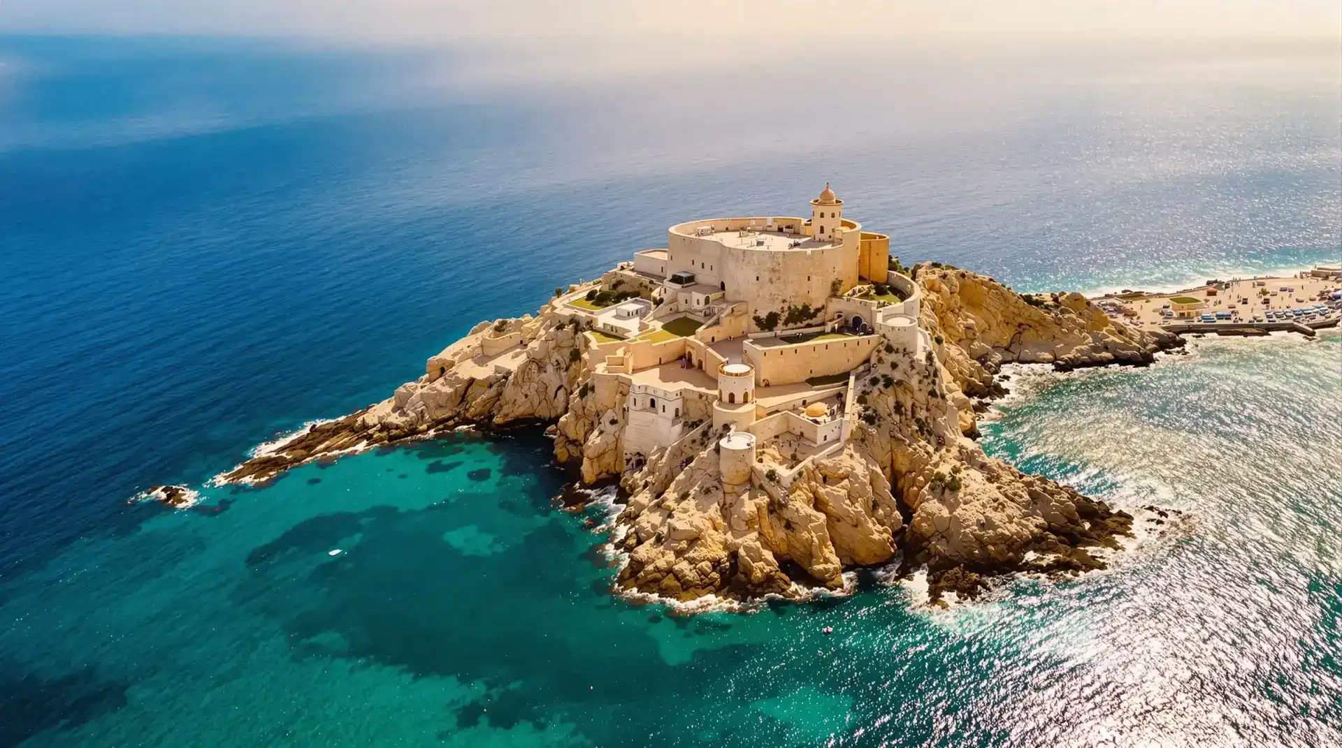 Vista aérea del Castillo de San Juan de las Águilas sobre el Mediterráneo · vídeo drone Águilas Dronefy