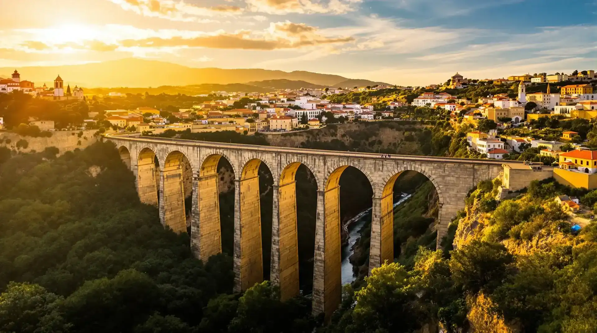 Vista aérea del Viaducto de Canalejas en Alcoy al atardecer, fotografía con drone profesional