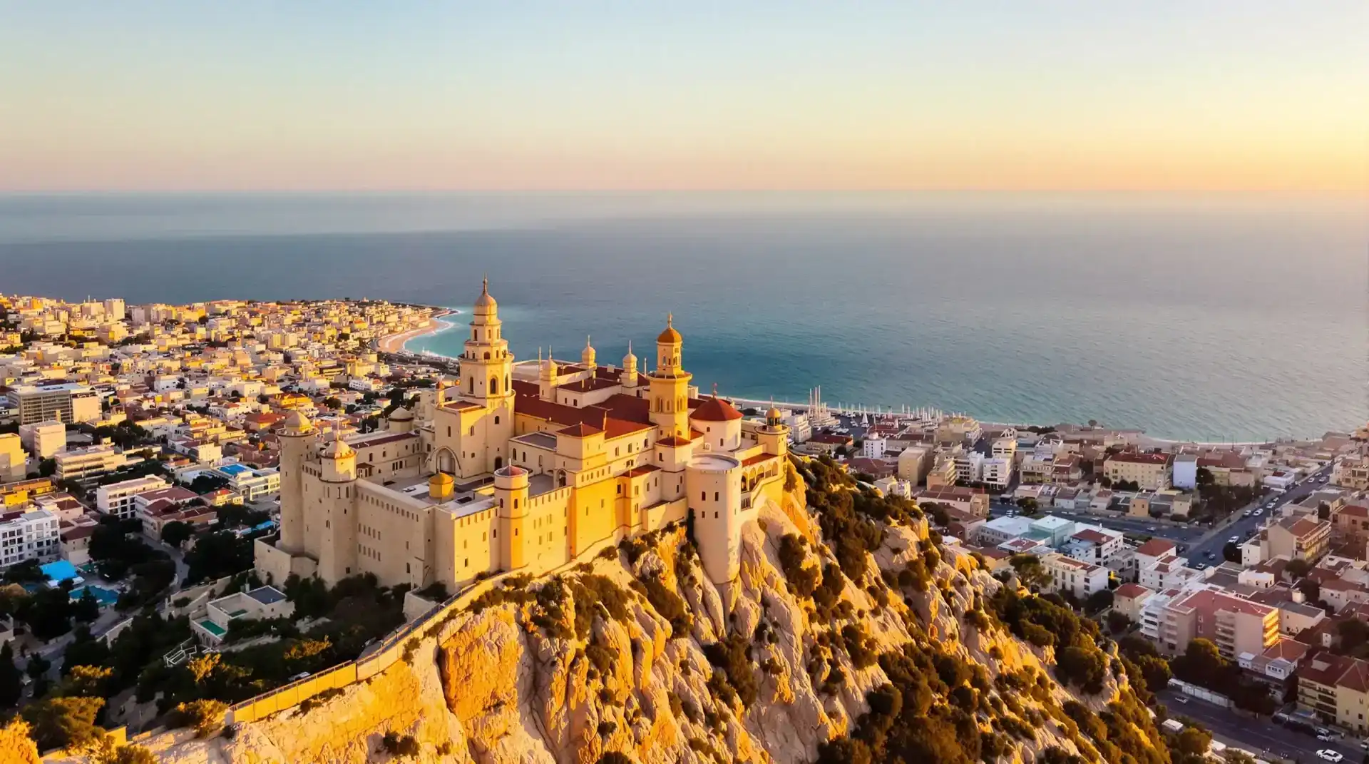 Vista aérea del Castillo de Santa Bárbara en Alicante al atardecer con el mar Mediterráneo al fondo