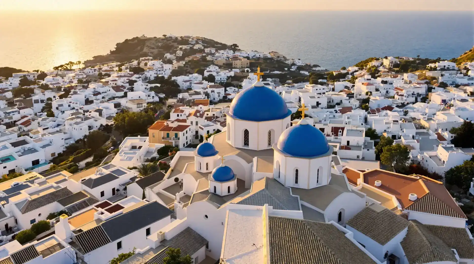 Vista aérea del Casco Antiguo de Altea con las cúpulas azules de la Iglesia Nuestra Señora del Consuelo al atardecer