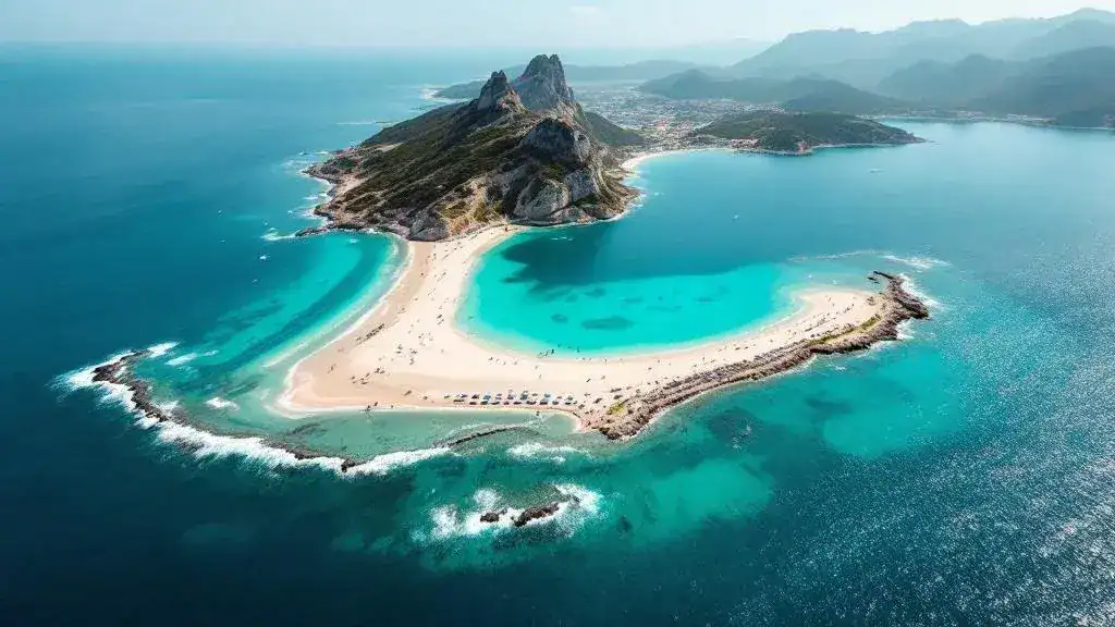 Fotografía aérea de la Isla de Benidorm con las calas y el litoral de la Costa Blanca al fondo