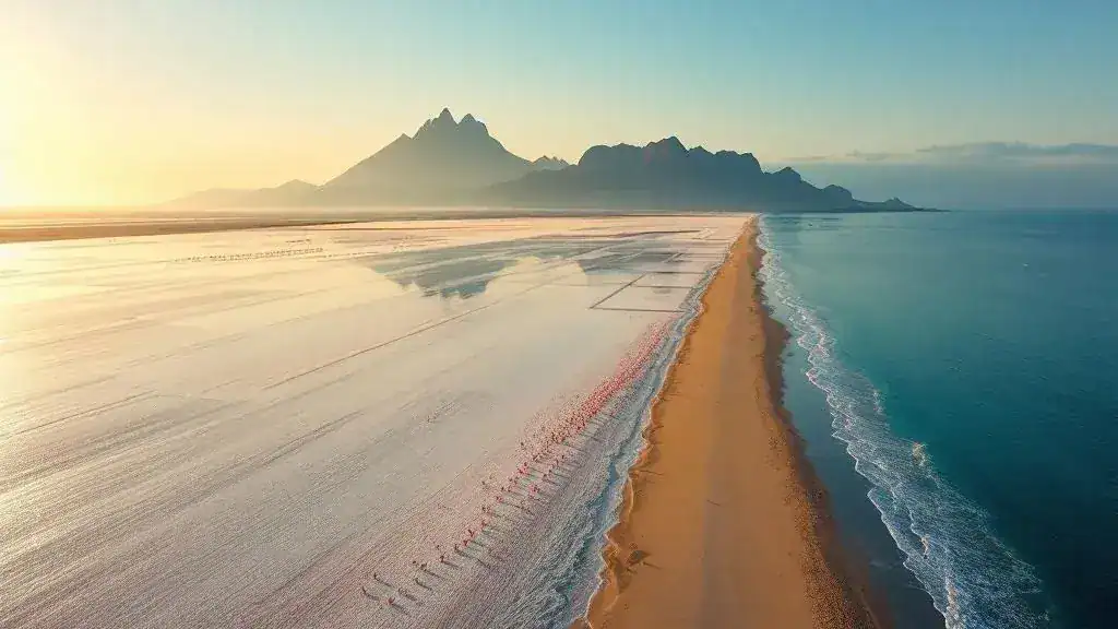 Drone sobre las Salinas de Calpe con el Peñón de Ifach al fondo y la Playa del Arenal-Bol