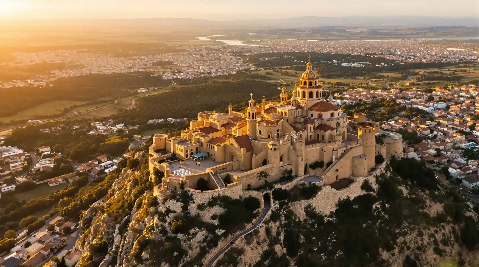Vista aérea de la Basílica de la Vera Cruz y el Castillo de Caravaca al atardecer, fotografía con drone