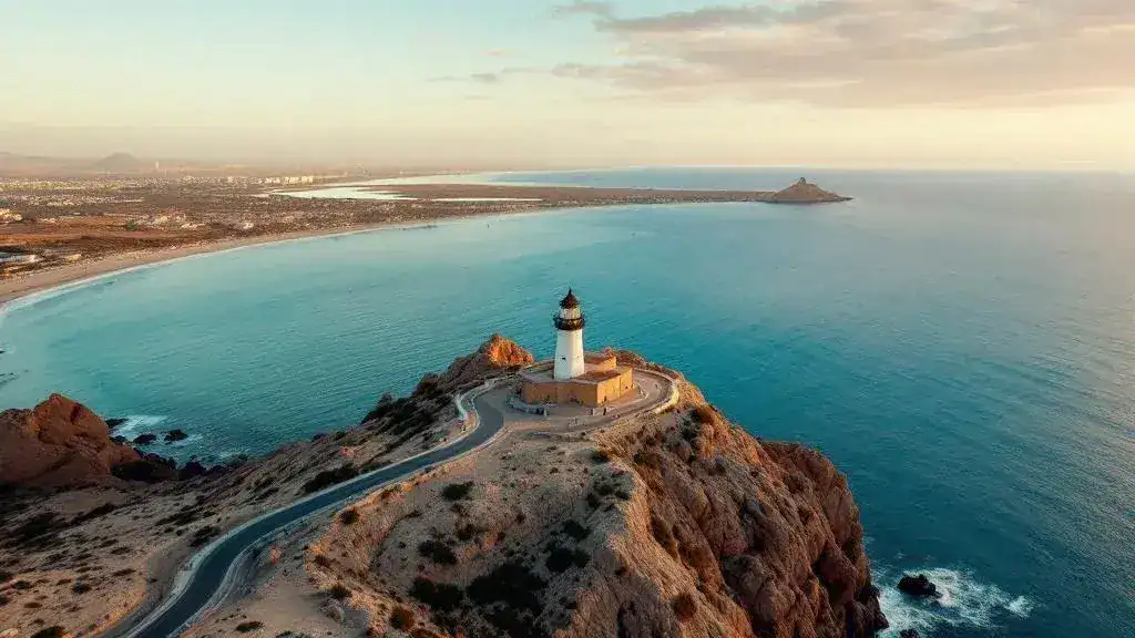 Vista aérea del Faro de Cabo de Palos con el Mar Menor y la Playa de Calblanque al fondo, Cartagena