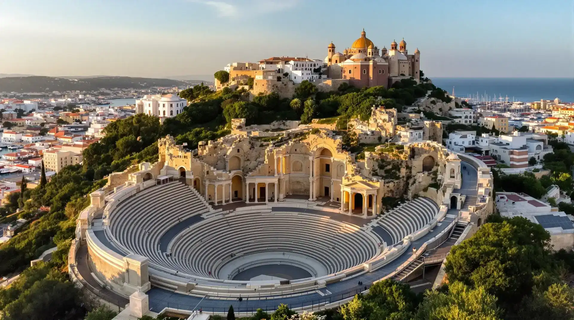 Vista aérea del Teatro Romano de Cartagena con la Catedral Antigua y el Castillo de la Concepción al fondo, grabado por Dronefy