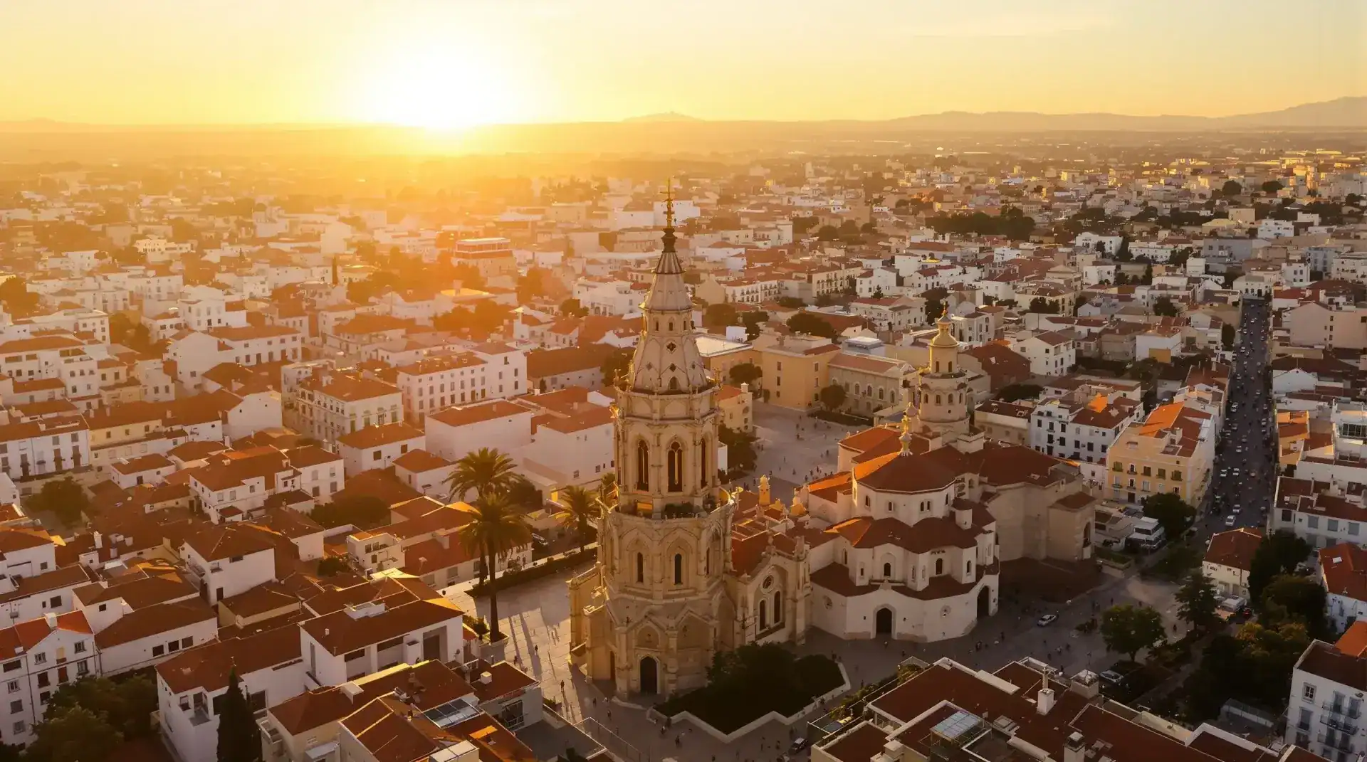 Vista aérea de la Torre del Fadrí y la Concatedral de Santa María de Castellón de la Plana al atardecer