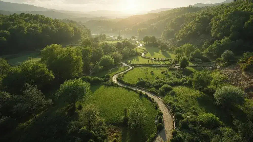 Paisaje natural y Parque Gasset en Ciudad Real desde drone para vídeos turísticos