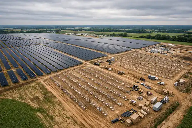 Fotografía aérea de planta fotovoltaica en construcción con drone profesional