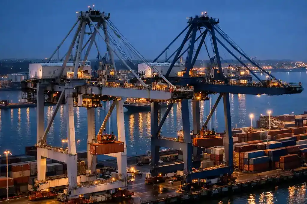 Vídeo aéreo de terminal portuaria con drone en azul crepuscular