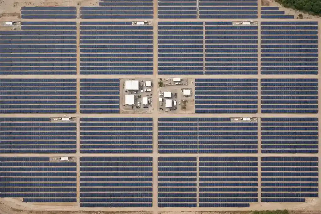 Fotografía aérea cenital de planta solar fotovoltaica