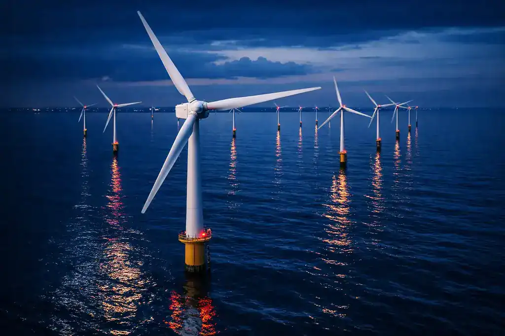 Plano aéreo dinámico de parque eólico offshore al anochecer