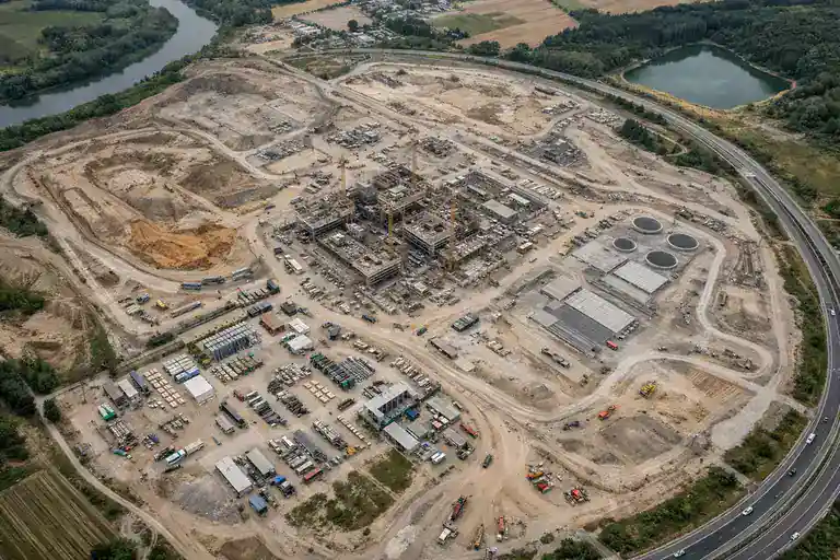 Vídeo aéreo de proyecto de infraestructura a gran escala grabado desde perspectiva amplia con equipo cinema