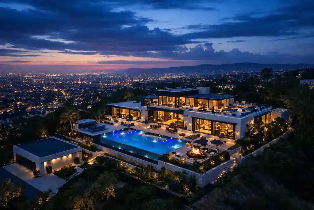 Villa de lujo fotografiada aéreamente con cinematografía profesional durante la blue hour con luz ambiente