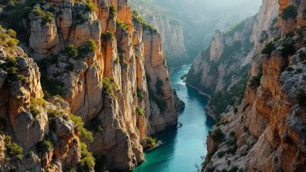 Vista aérea de la Hoz del Júcar cerca de Cuenca con acantilados y río