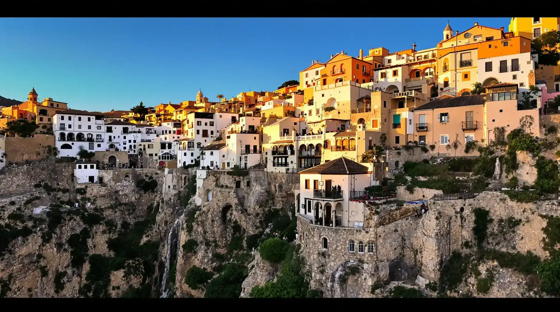 Vista aérea de las Casas Colgadas de Cuenca sobre la Hoz del Huécar al atardecer