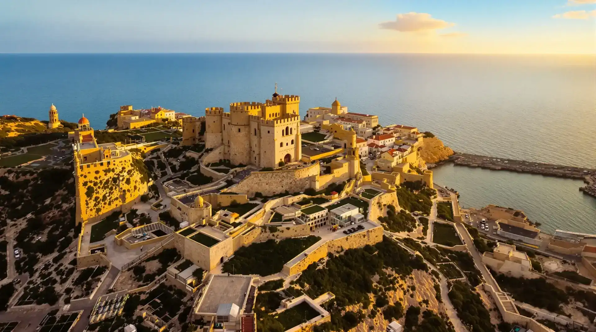 Vídeo aéreo profesional del Castillo de Cullera al atardecer