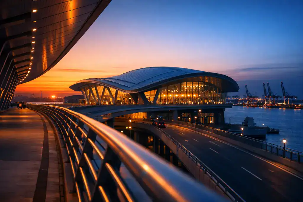 Toma panorámica aérea de terminal portuaria o infraestructura completada con luz cálida atardecer