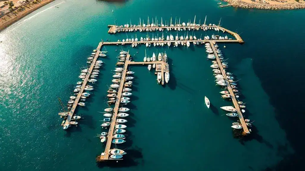 Vista aérea del Puerto Deportivo de Almerimar en El Ejido, marina con veleros y mar Mediterráneo