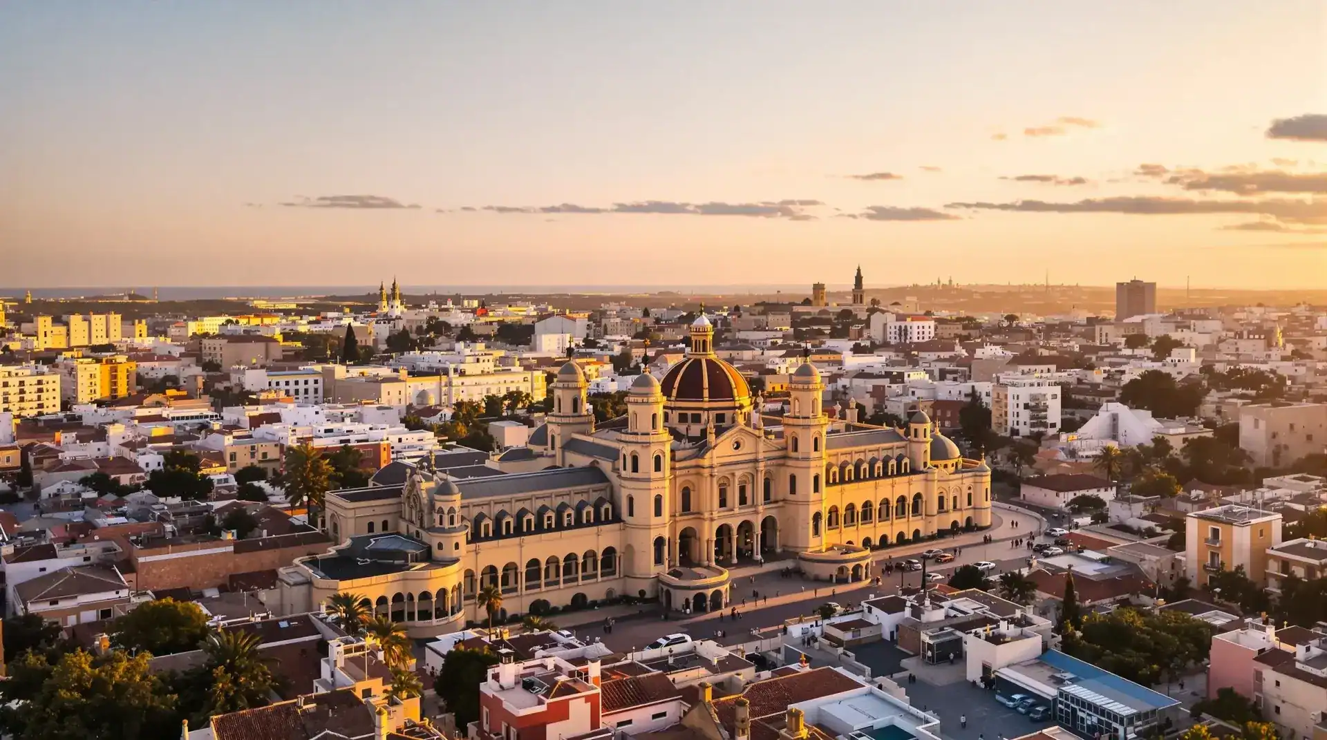 Vista aérea del Palacio Ducal de los Borja en Gandia al atardecer con drone profesional