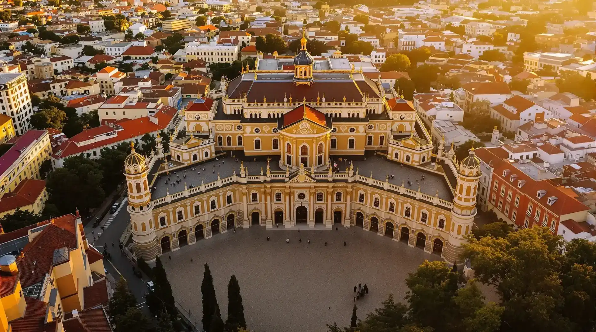 Vista aérea del Palacio del Infantado en Guadalajara al atardecer, fotografía con drone profesional