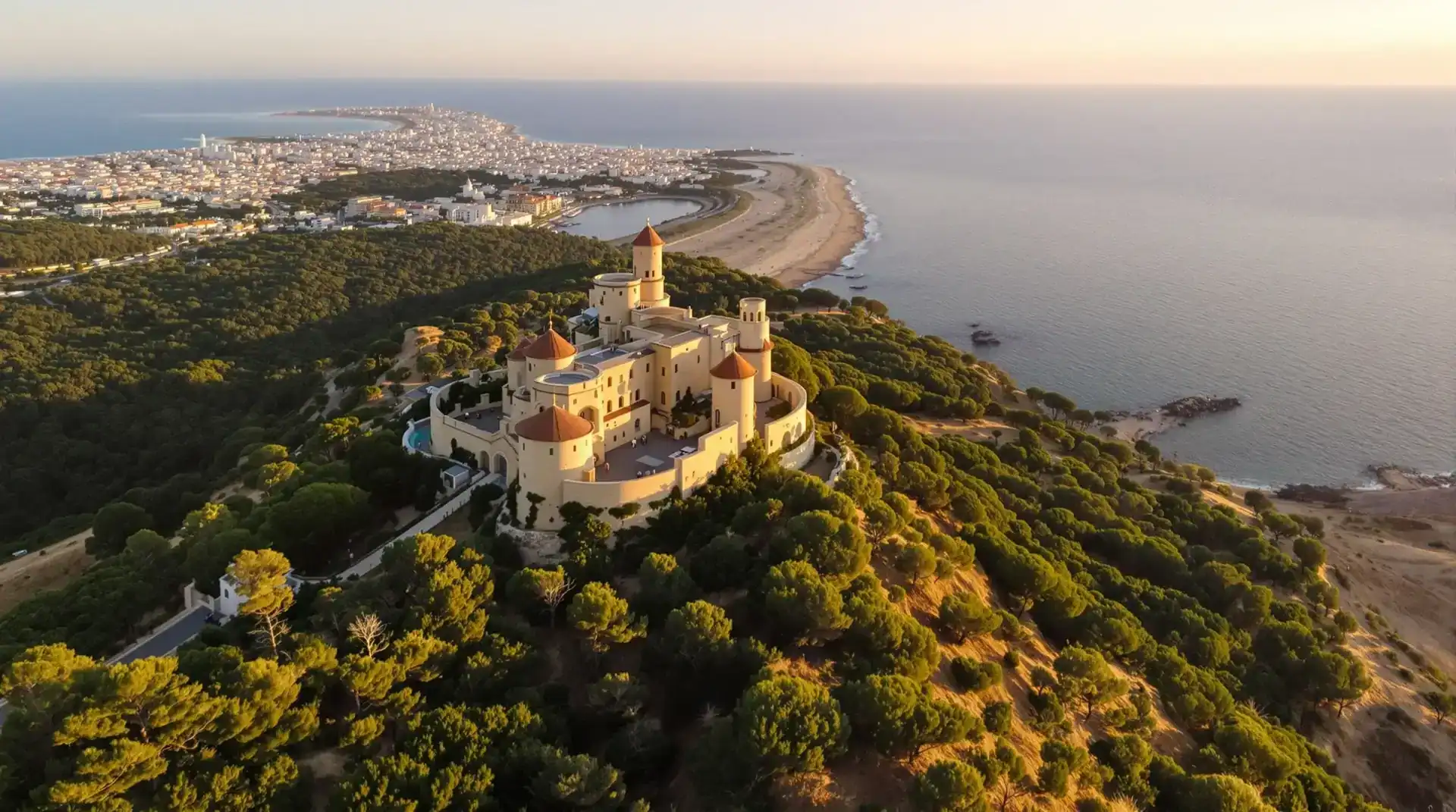 Vista aérea del Castillo de Guardamar del Segura al atardecer con la costa mediterránea al fondo