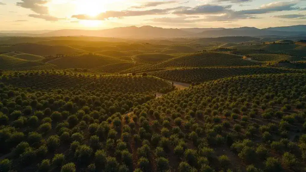 Vista aérea cinemática del mar de olivos de Jaén con sierra al fondo grabada con drone