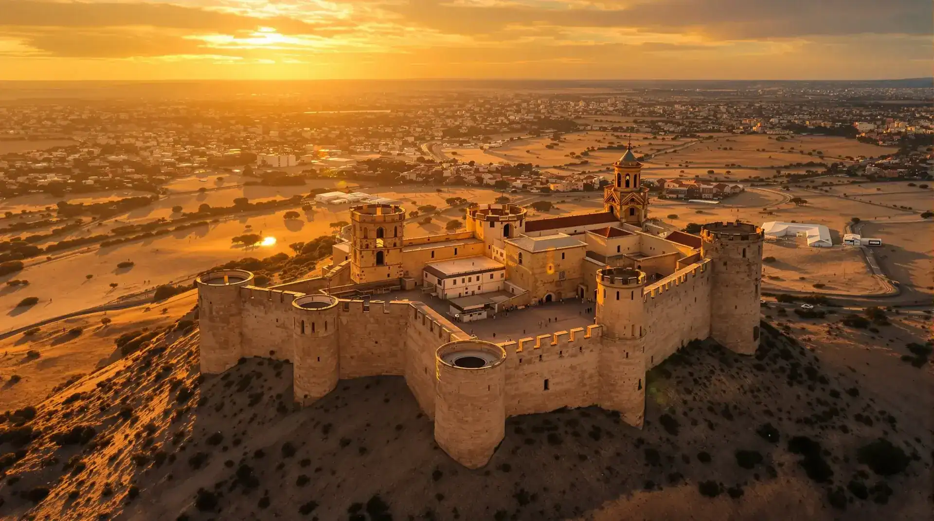 Vista aérea del Castillo de Lorca Fortaleza del Sol al atardecer con el paisaje murciano al fondo