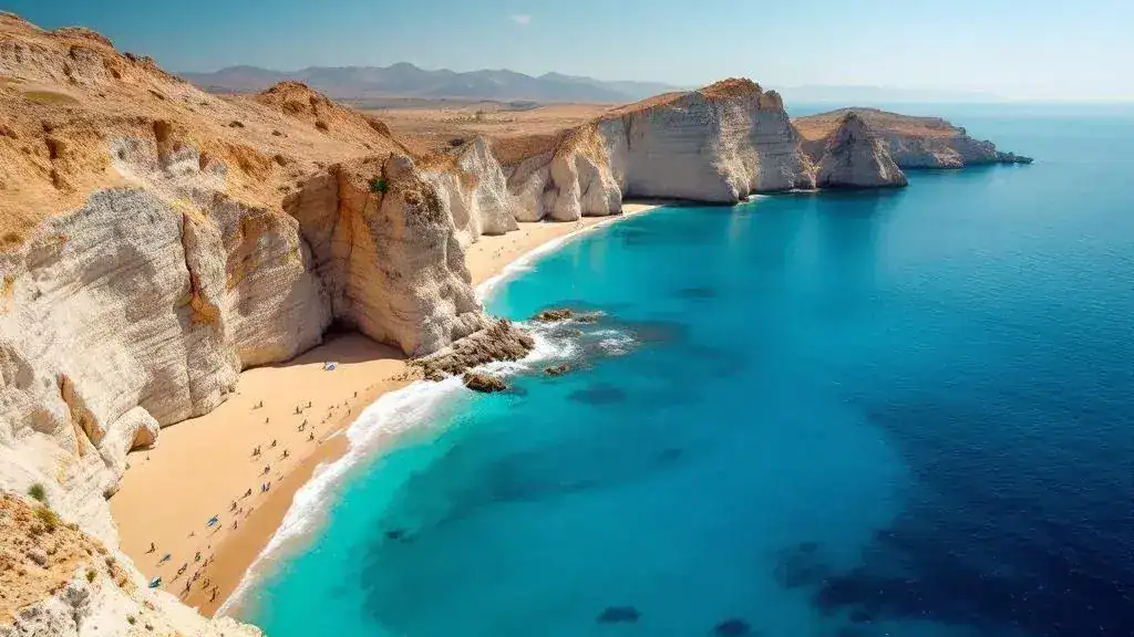 Vista aérea de Playa de Macenas y la costa de Mojácar, calas y acantilados en Almería - Dronefy