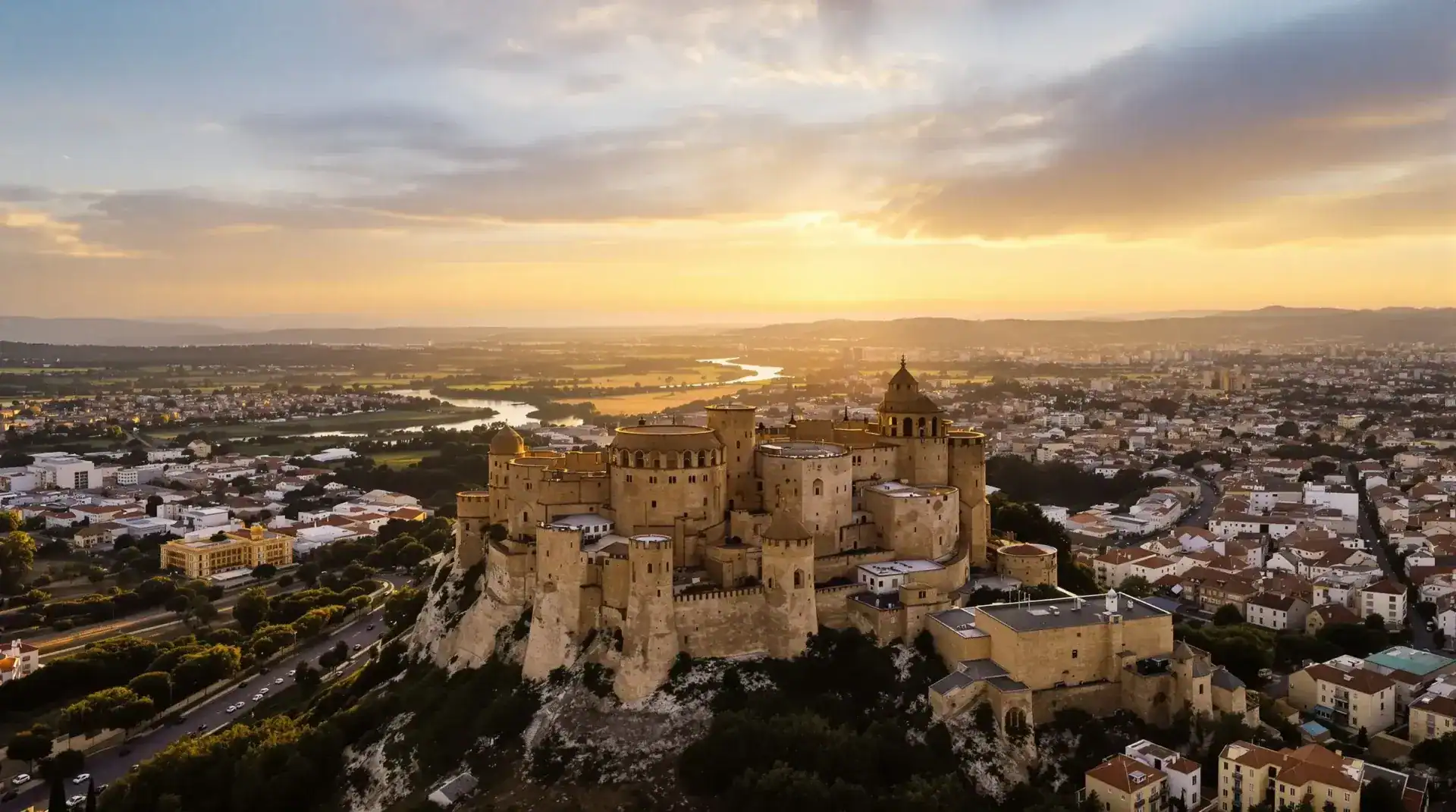 Vista aérea del Castillo de Molina en Molina de Segura con iluminación dorada