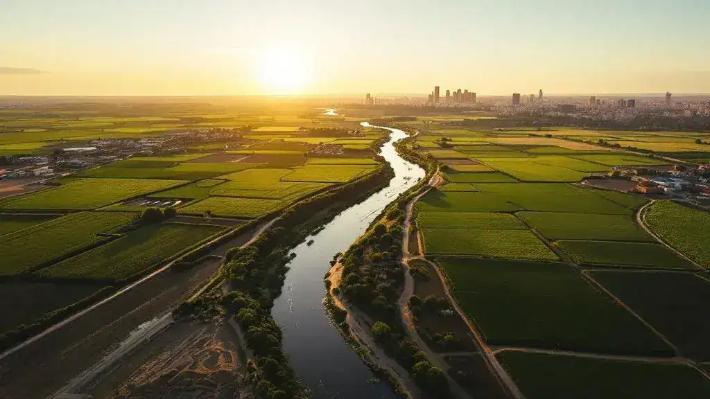 Vista aérea del Río Segura y la huerta de Murcia captada con drone cinematográfico profesional