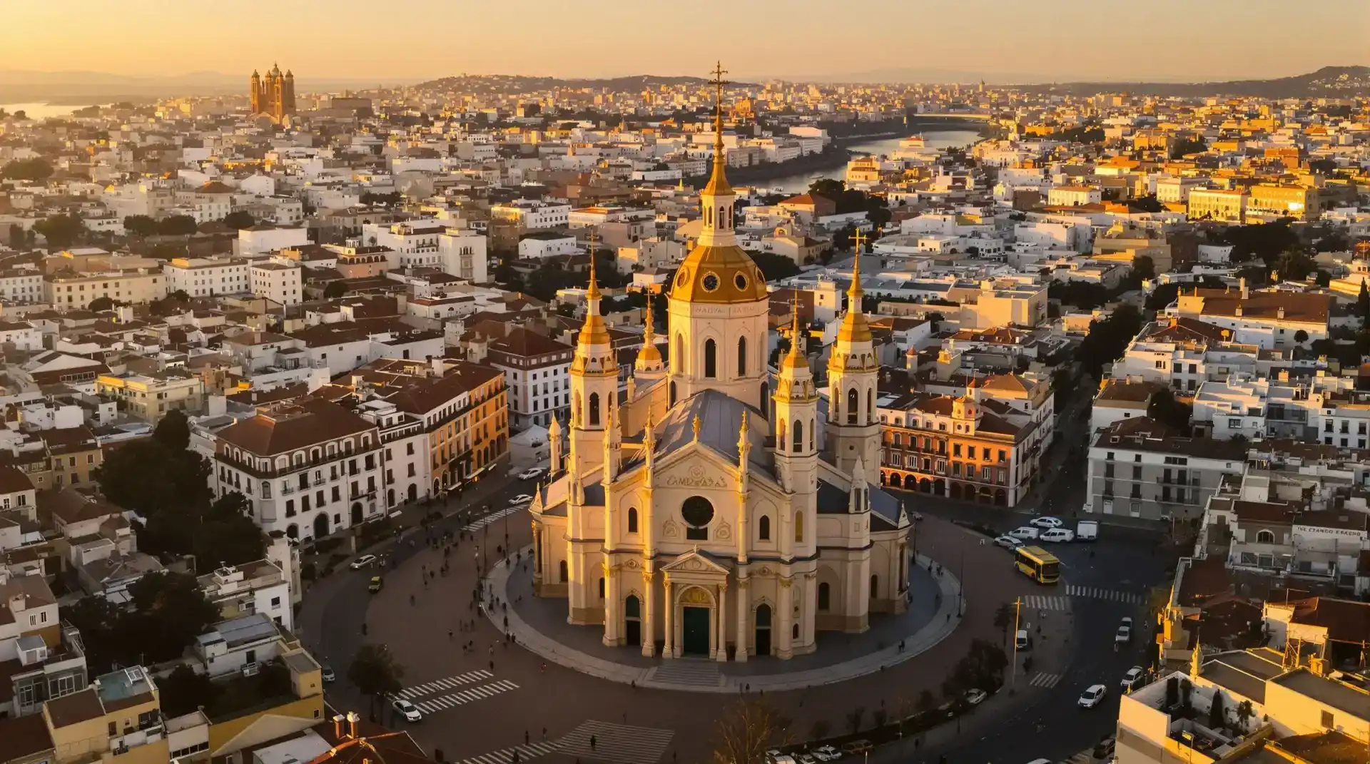 Vista aérea de la Catedral de Murcia y Plaza Cardenal Belluga al atardecer desde drone profesional