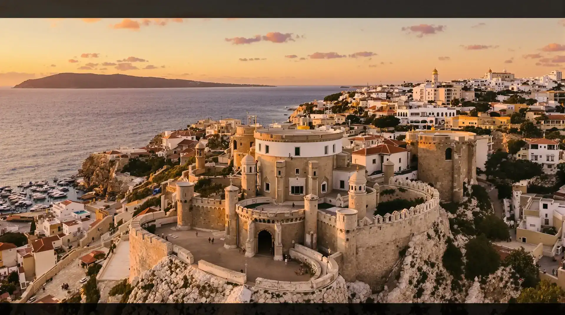 Vista aérea del Castillo del Papa Luna en Peñíscola para vídeo profesional