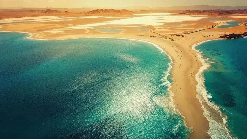 Vista aérea de Playa Serena y las Salinas de Cerrillos en Roquetas de Mar, drone fotográfico profesional