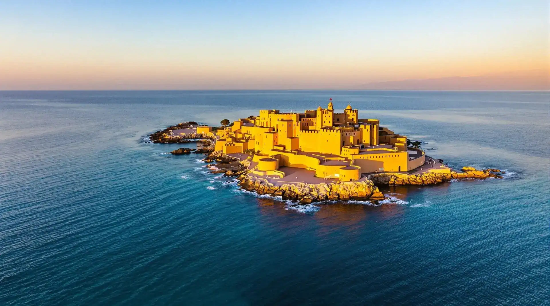 Vista aérea del Castillo de Santa Ana en Roquetas de Mar al atardecer, fotografía con drone profesional