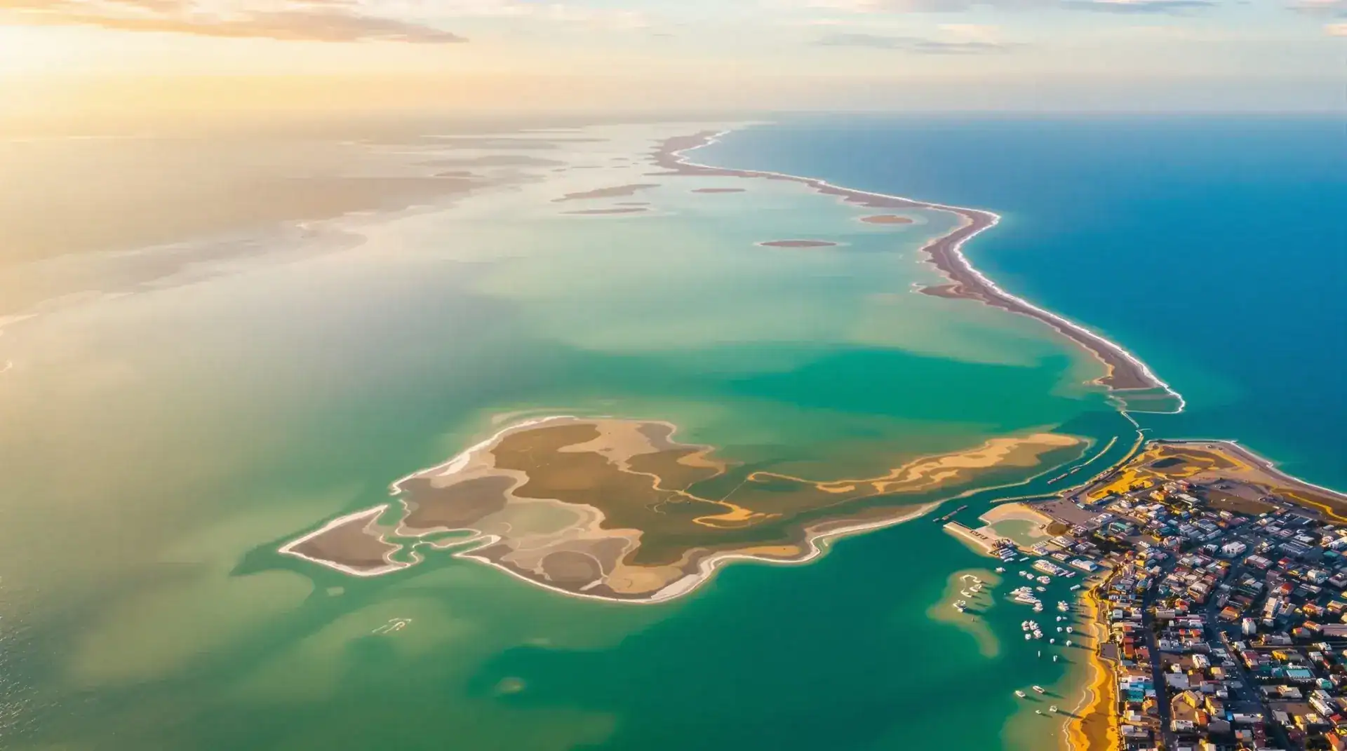 Vista aérea del Mar Menor desde drone al atardecer, San Javier, Región de Murcia