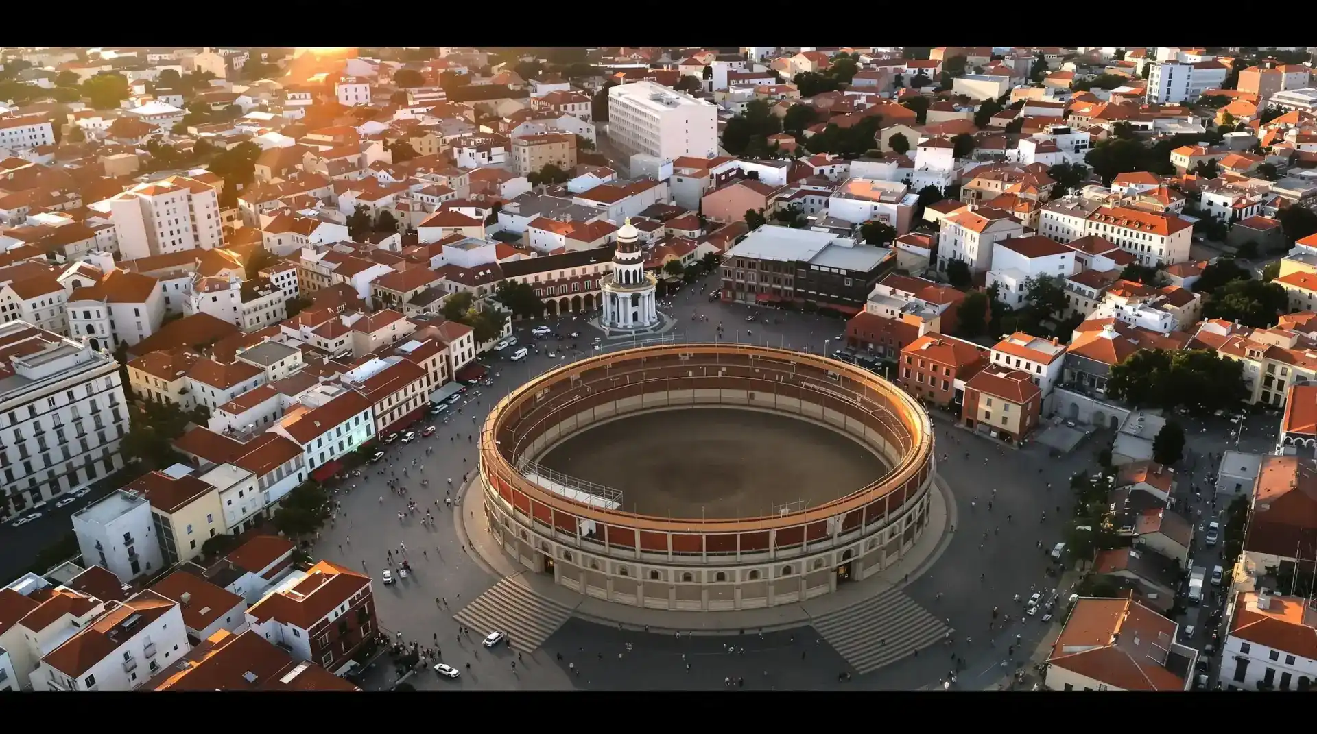 Vista aérea de Plaza de Toros de San Sebastián de los Reyes con drones profesionales