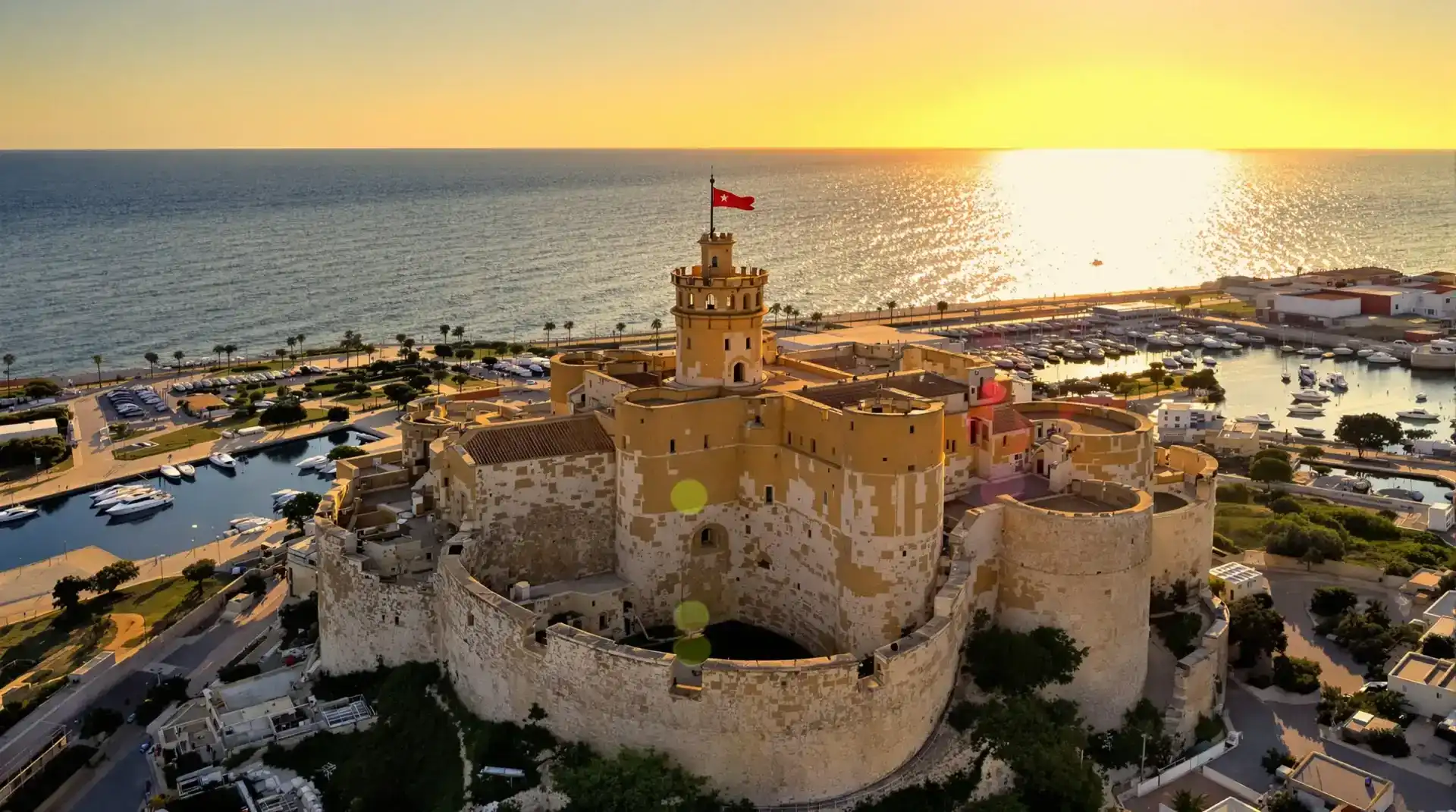 Vista aérea del Castillo-Fortaleza de Santa Pola al atardecer con el puerto pesquero al fondo