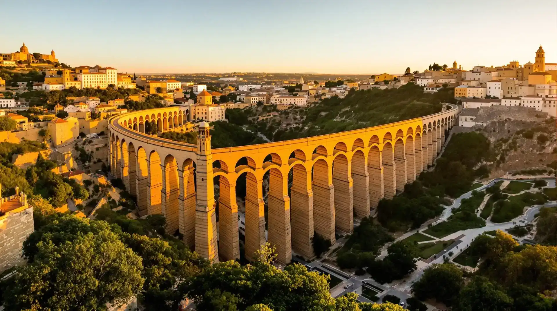 Vista aérea del Acueducto de Segovia al atardecer captada con drone profesional por Dronefy