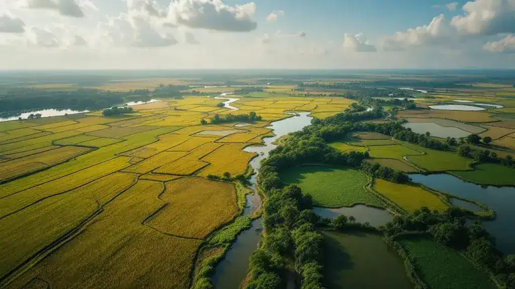 Vista aérea de la Albufera y arrozales en Sueca para vídeo aéreo agrícola y turístico