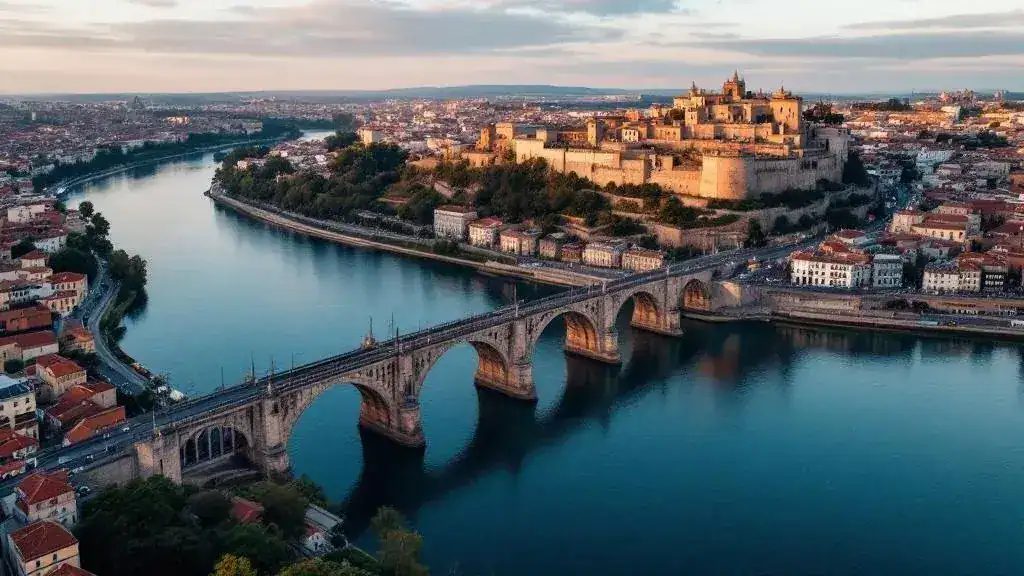 Vista aérea del Puente de Alcántara y el río Tajo en Toledo con drone - Dronefy