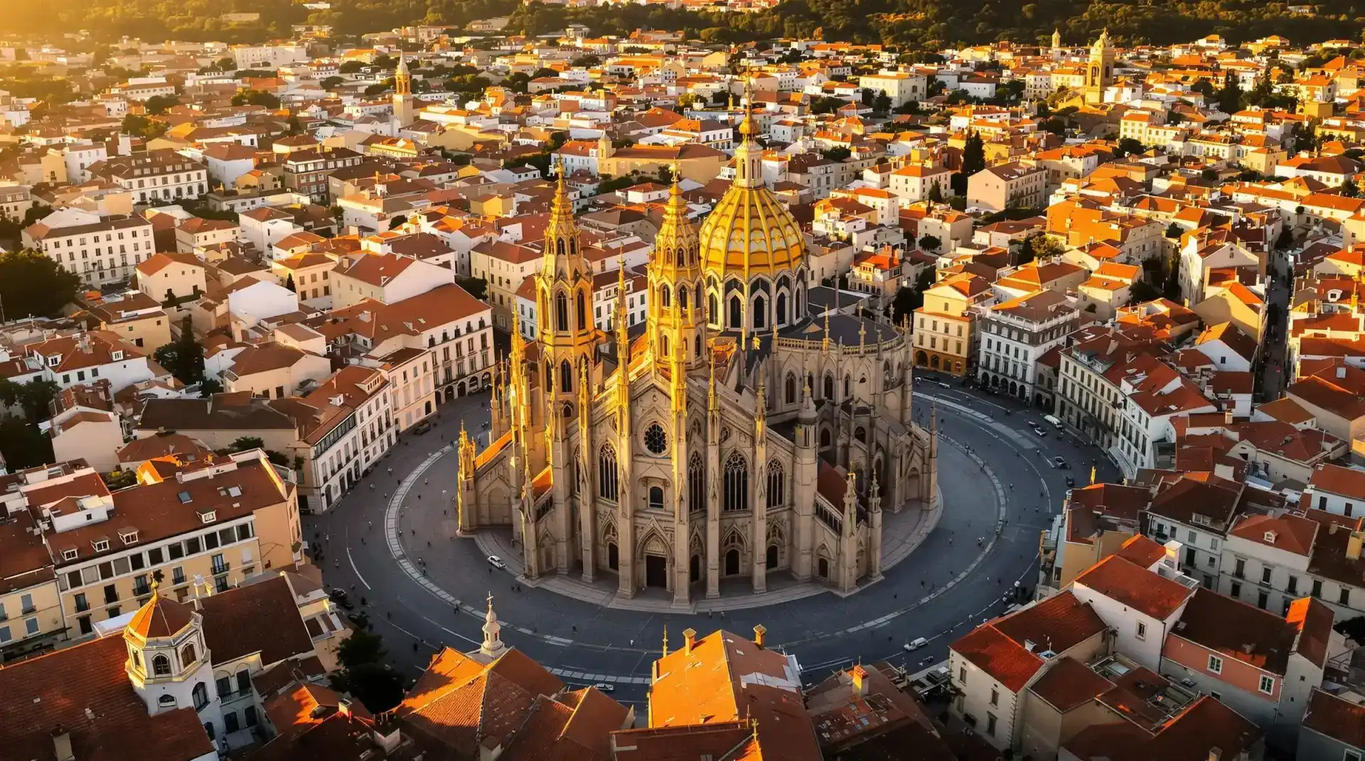 Vista aérea de la Catedral Primada de Toledo al atardecer desde drone profesional - Dronefy