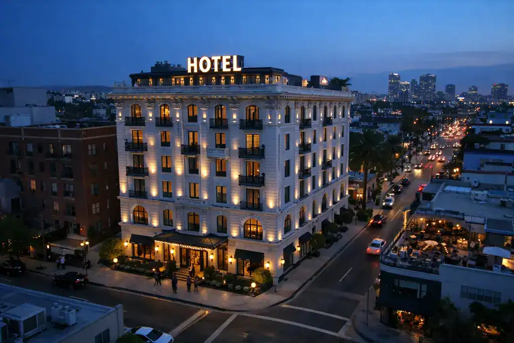 Plano aéreo dinámico de fachada de hotel boutique en entorno urbano