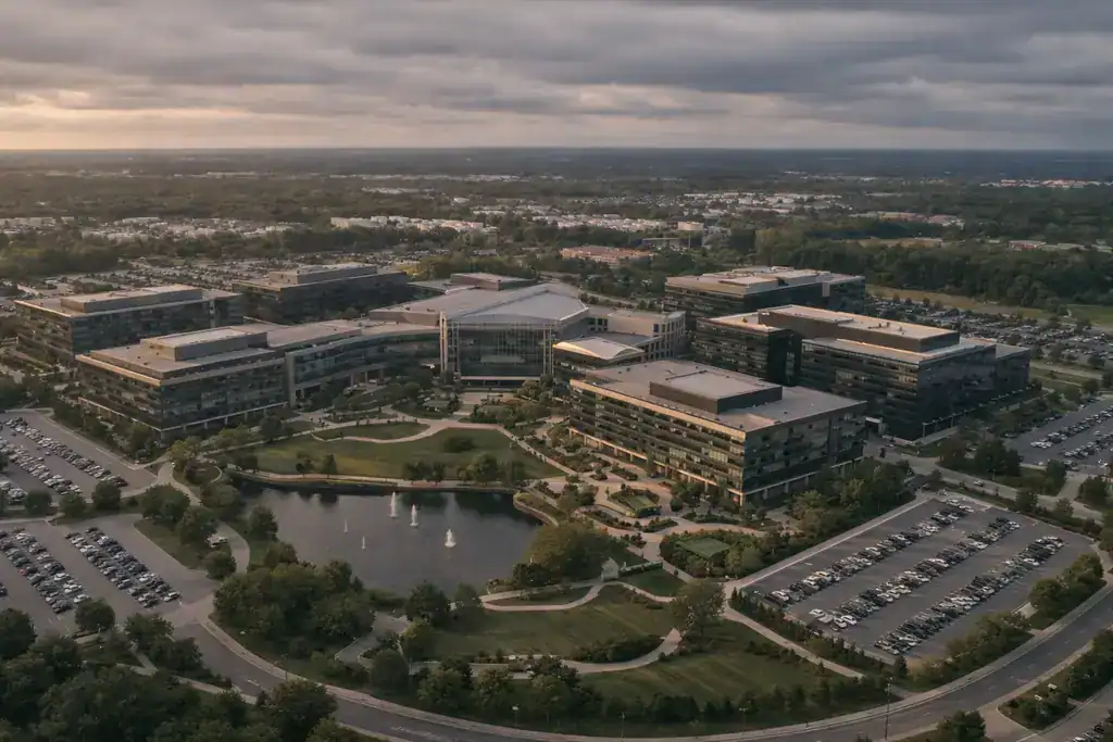 Vídeo aéreo corporativo de instalaciones empresariales en hora dorada cinematográfica