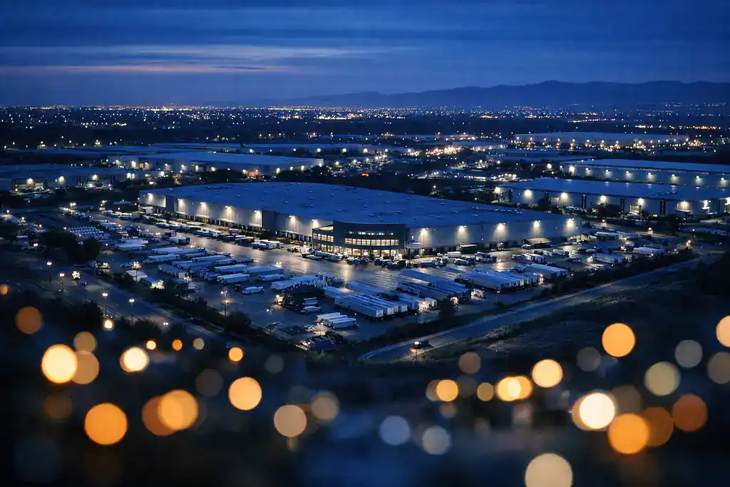 Grabación aérea en blue hour de edificio corporativo iluminado al atardecer