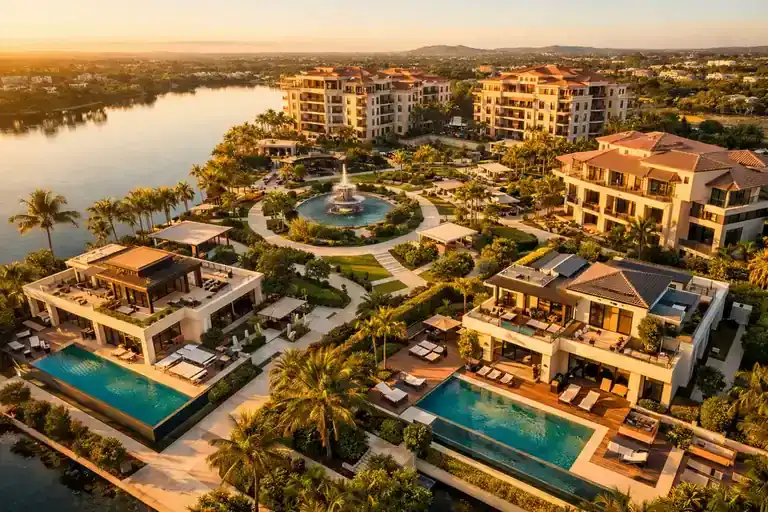 Vídeo aéreo de promoción inmobiliaria premium durante la hora dorada