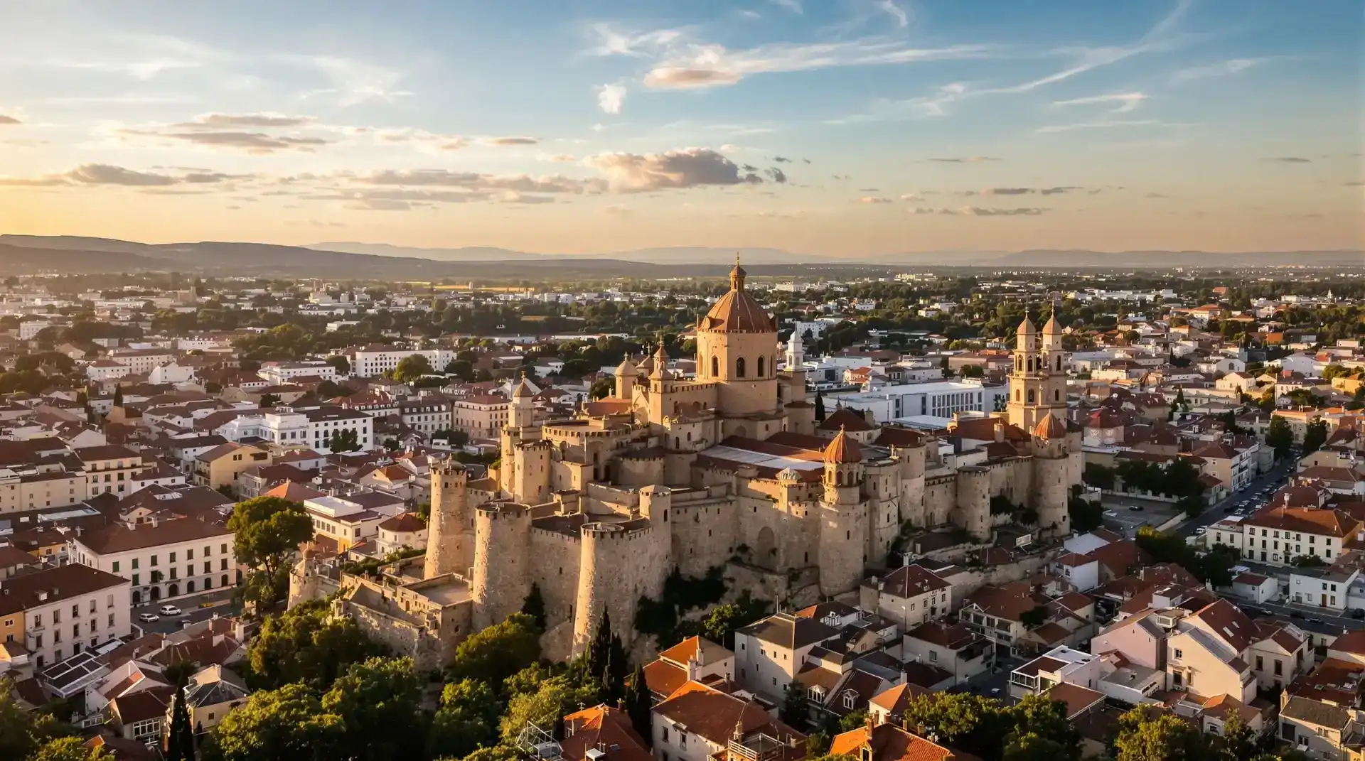 Vista aérea del Castillo de Yecla y Centro Histórico con drones en Yecla