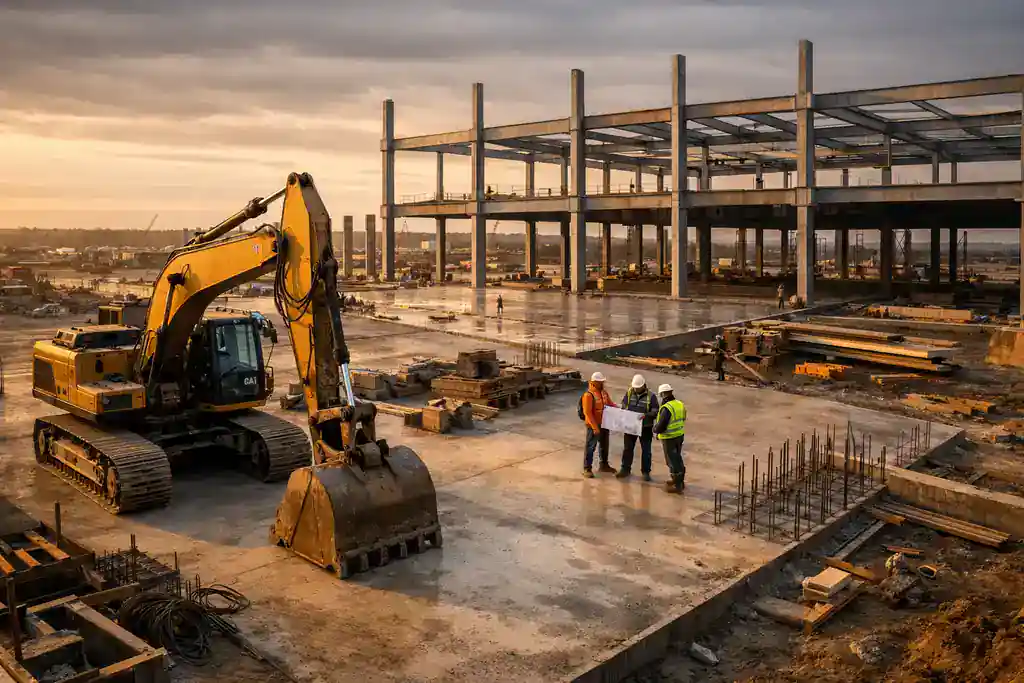 Dron Inspire 3 capturando excavación industrial en hora dorada con gimbal smooth y luz cinematográfica