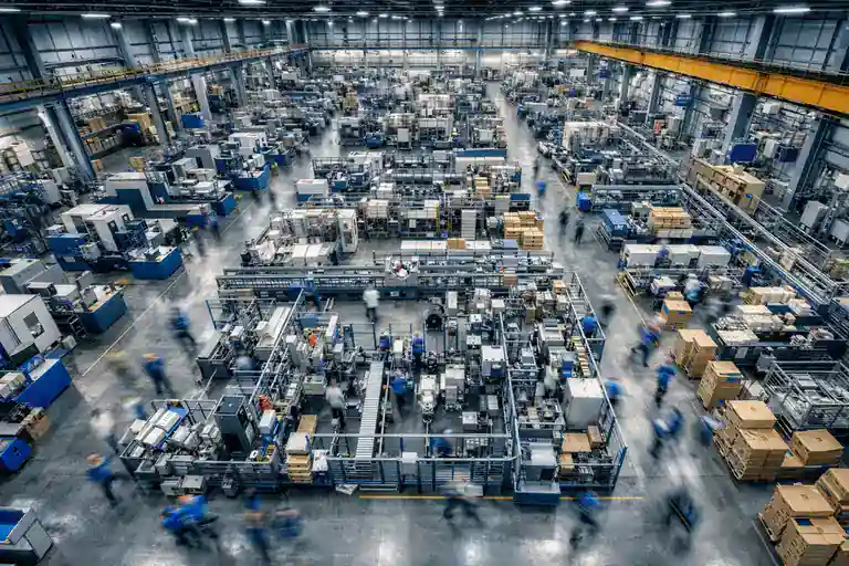 Vista cenital de planta de manufactura industrial con múltiples líneas de producción y equipamiento