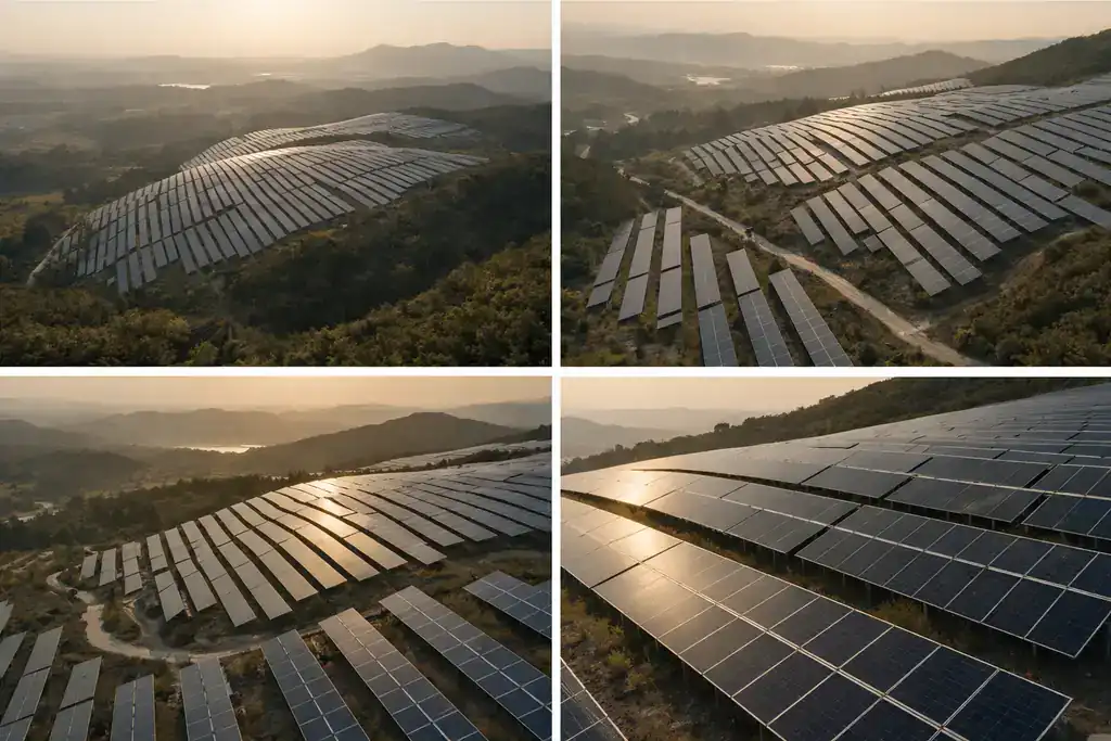 Expansión panorámica de parque solar fotovoltaico desde perspectiva aérea con cielo dorado
